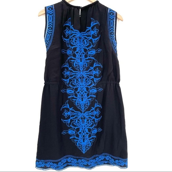 REBECCA TAYLOR Aztec Blue Embroidered Sleeveless Black Dress 100% Silk Size 2 - Picture 4 of 13